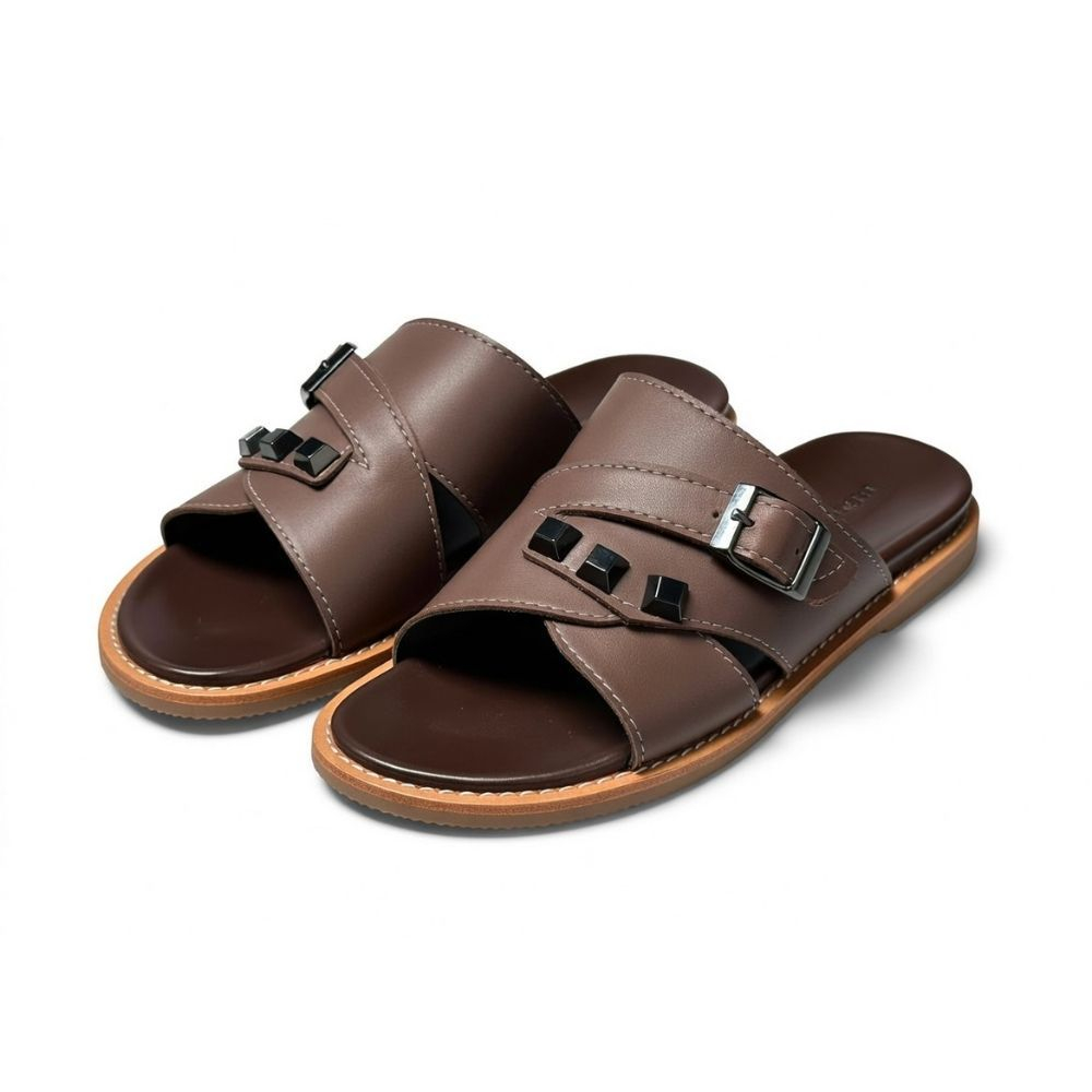 Brown Faux Leather Studded Buckle Slides